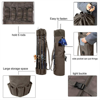Durable Canvas Fishing Rod & Reel Organizer Bag Travel Carry Case Bag- Holds 5 Poles & Tackle