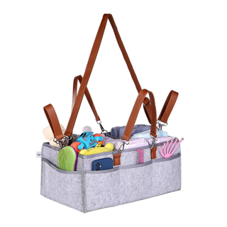 Portable Gray Felt Baby Tote for Travel Storage basket with Divider and Leather Handle Diaper Caddy Bag