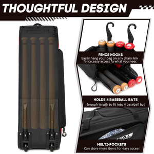 Custom Logo Durable Waterproof Wheeled Bag Baseball Equipment Soft Rolling Baseball Bag With Fence Hook