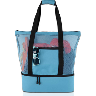 Sandproof Fitness Pool Beach Handbag with Top Handle Mesh Beach Picnic Cooler Tote Bag for Women