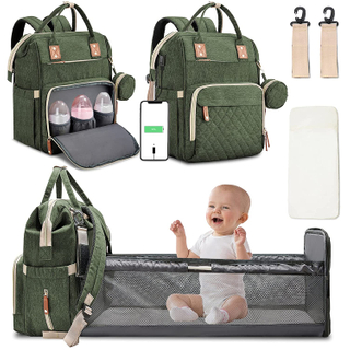 Foldable Baby Bed Backpack with USB Port and Stroller Straps Multifunctional Nappy Diaper Travel Duffle Bag